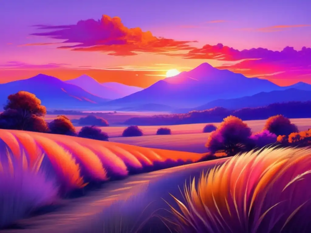 Un atardecer impresionante sobre un paisaje vasto e inmaculado, con tonos vibrantes de naranja, rosa y morado pintando el cielo