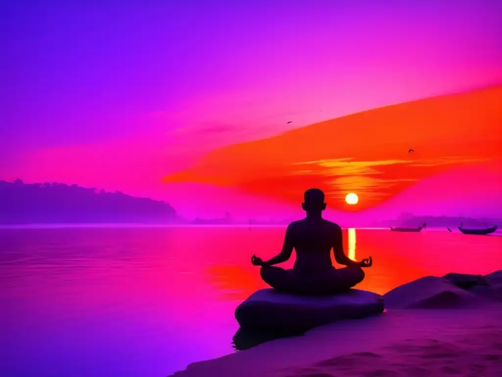 Swami Vivekananda practica yoga al atardecer junto al río Ganges, en un escenario sereno que refleja la espiritualidad y la belleza de la India