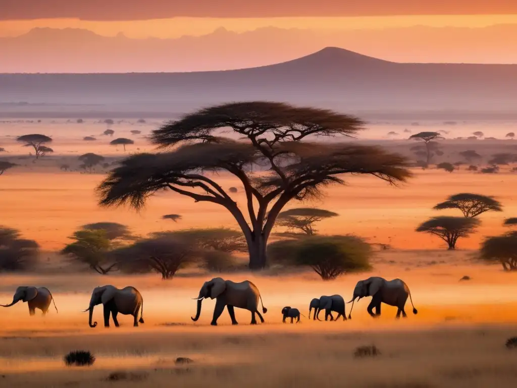 Un atardecer mágico en la sabana africana, con elefantes majestuosos y sombras alargadas sobre la hierba dorada