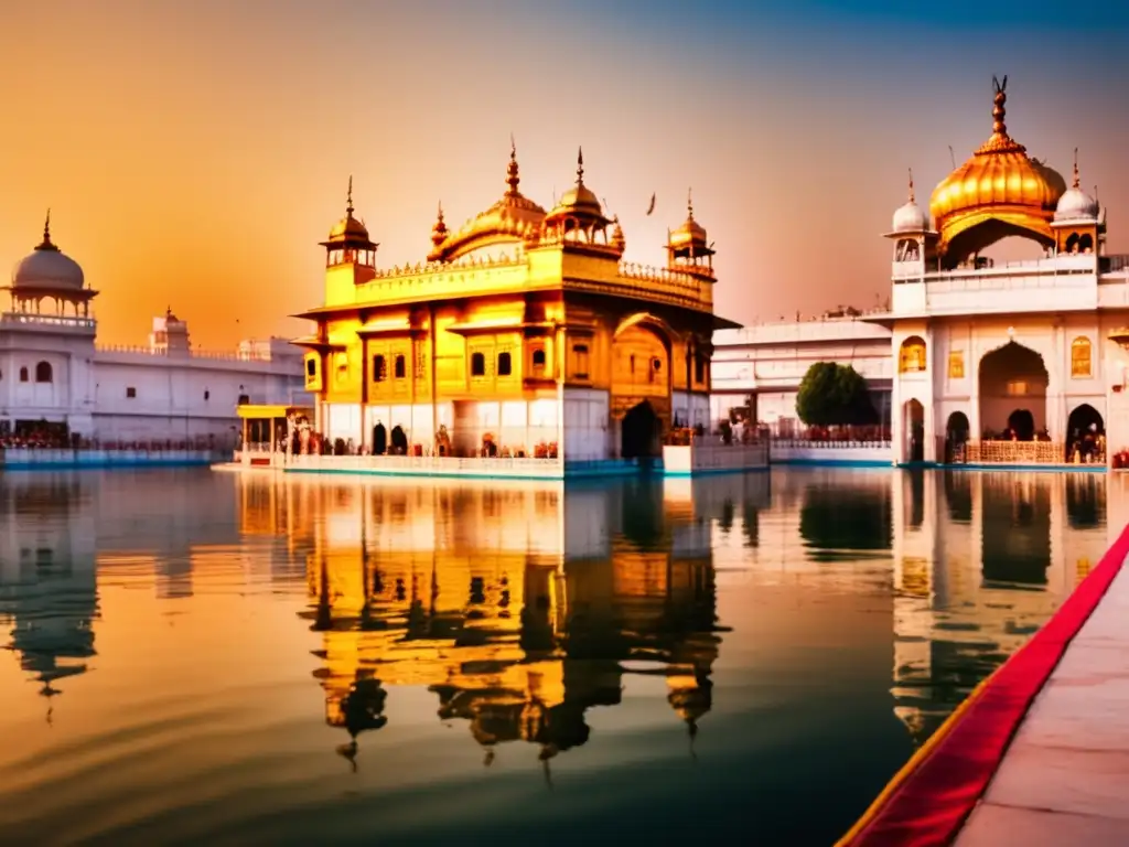 Un atardecer mágico en el Templo Dorado, donde la luz dorada resalta la fusión de espiritualidad y arquitectura Sikh