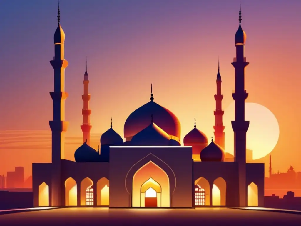 Al atardecer, una mezquita moderna con líneas limpias y grandes ventanas
