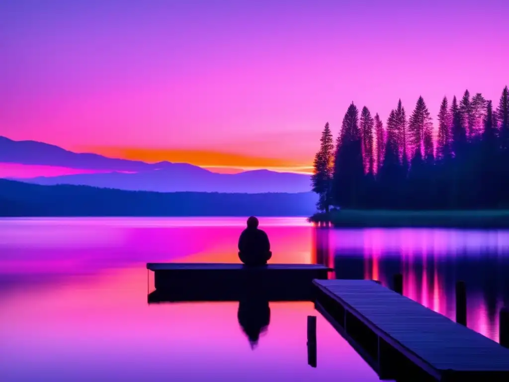 Un atardecer sereno sobre un lago, con colores vibrantes y una figura solitaria en el muelle, evocando contemplación