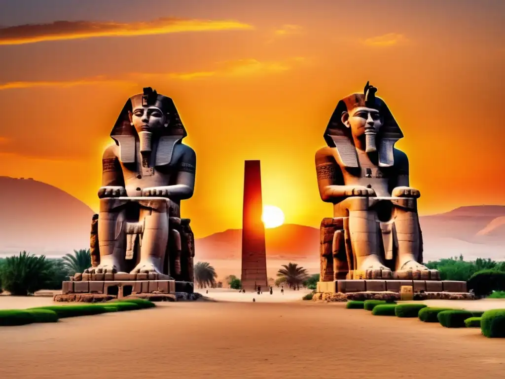Un atardecer vibrante destaca los Colosos de Memnón, estatuas de Amenhotep III faraón Egipto reinado, mostrando la grandeza del antiguo Egipto