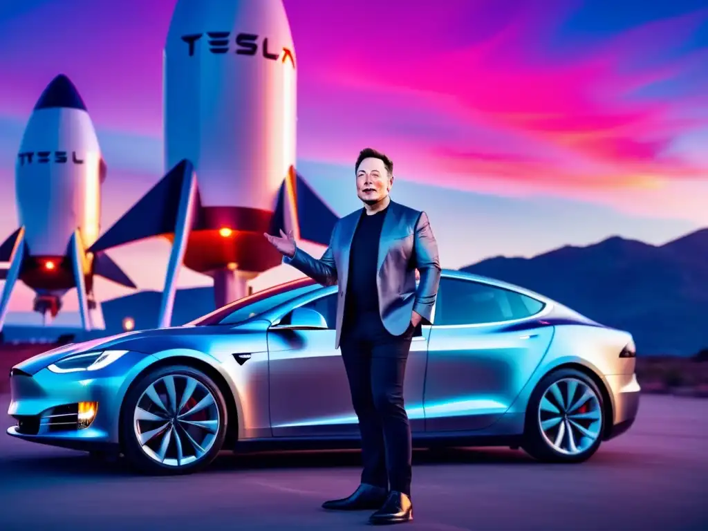 Un atardecer vibrante muestra a Elon Musk frente a un Tesla, con un cohete de SpaceX despegando al fondo