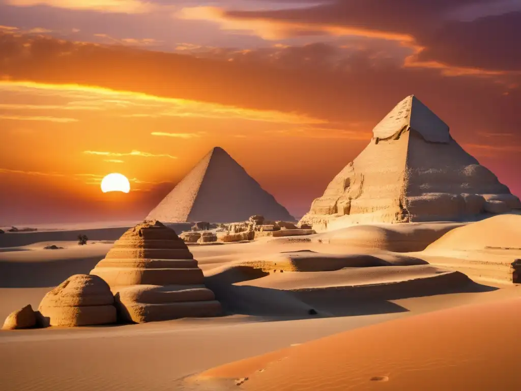 Un atardecer vibrante ilumina la Gran Esfinge de Giza, mostrando sus detallados grabados y la majestuosidad del paisaje desértico