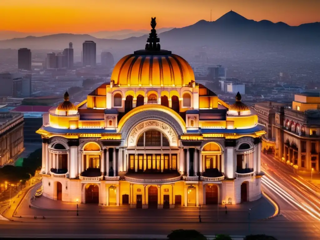 Un atardecer vibrante ilumina el icónico Palacio de Bellas Artes en México, destacando su arquitectura neoclásica