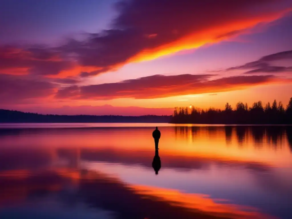 Un atardecer vibrante se refleja en un lago sereno, mientras una figura contemplativa observa la escena