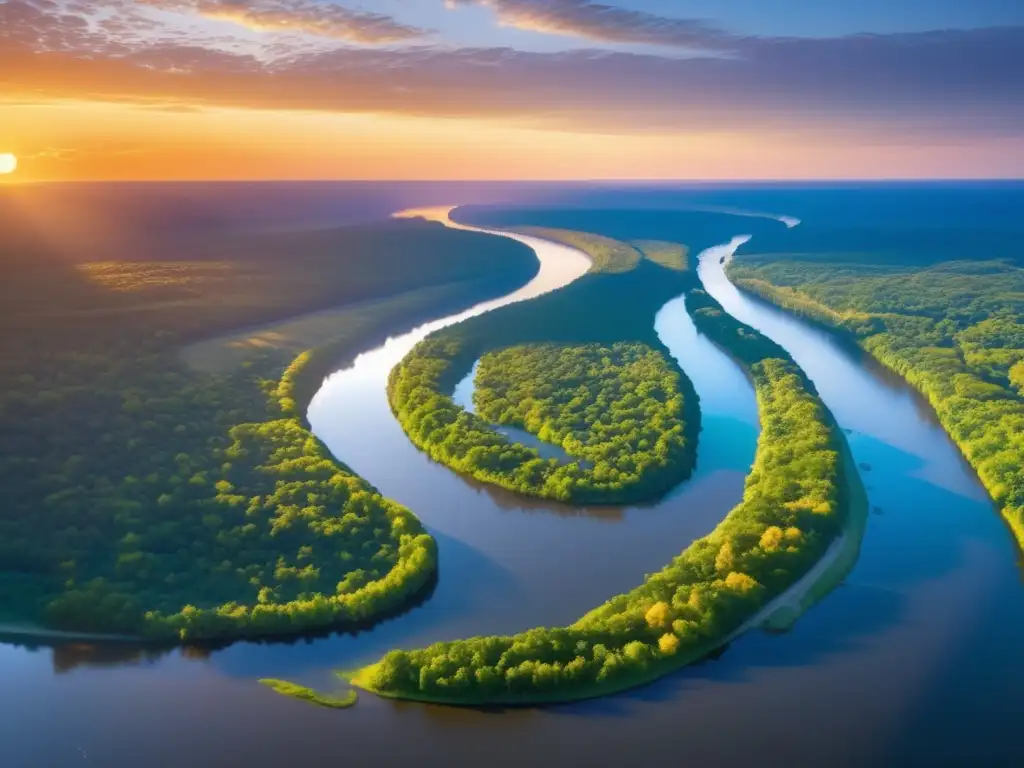 Un atardecer vibrante sobre el majestuoso río Mississippi, reflejando la diversa vida silvestre y exuberante vegetación