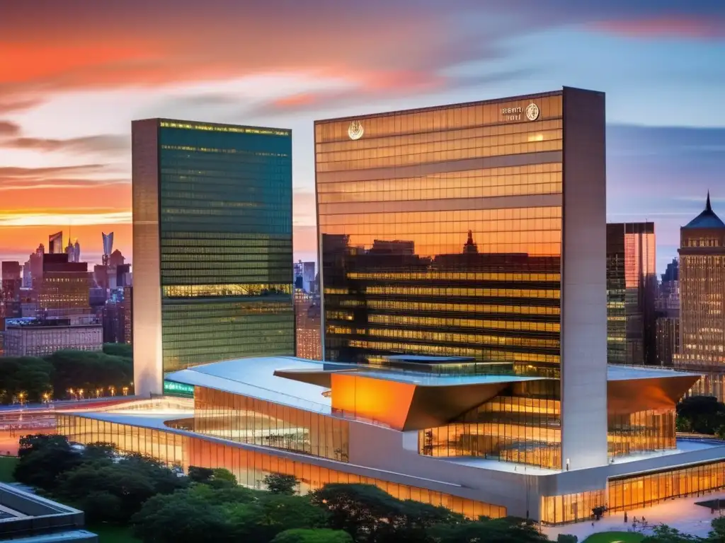 Majestuoso atardecer en la sede de la ONU, Nueva York Un atardecer vibrante ilumina el moderno edificio de la sede de las Naciones Unidas en Nueva York, reflejando el emblema de la ONU
