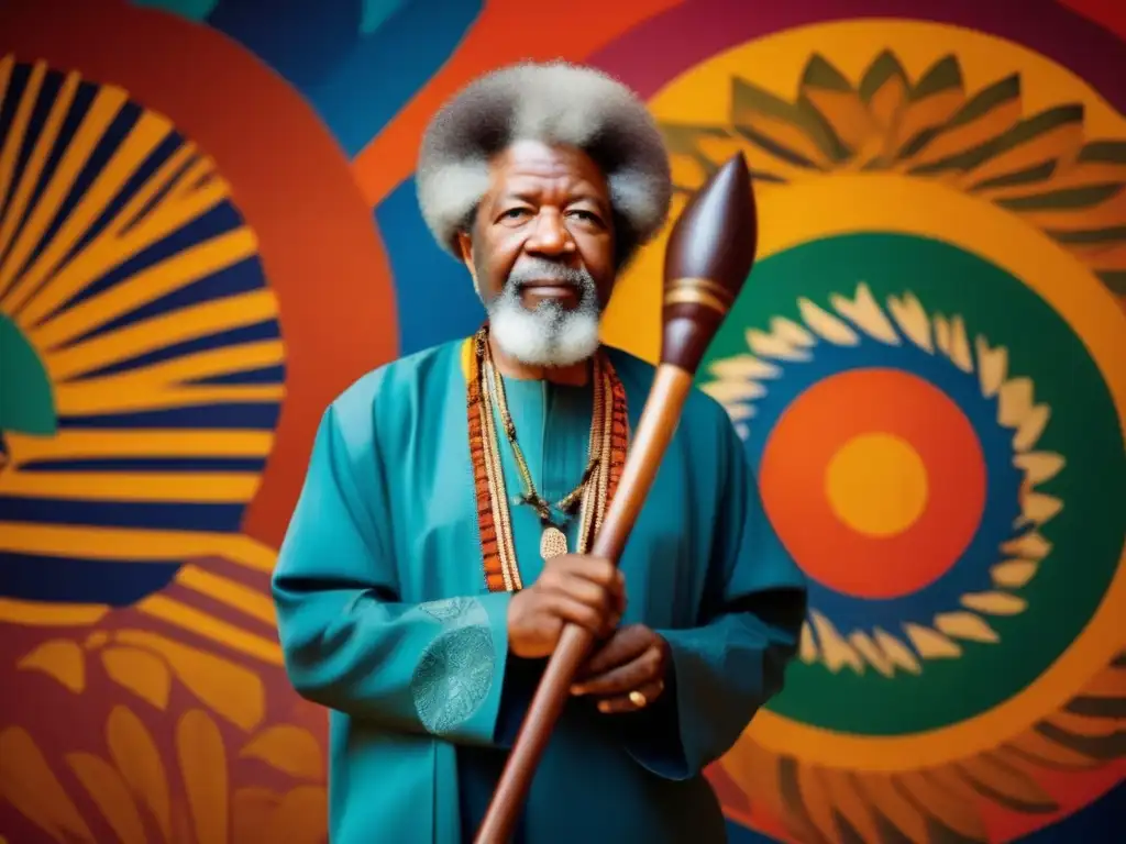 Wole Soyinka, ataviado con traje tradicional Yoruba, sostiene un bastón ceremonial frente a un vibrante mural de escenas de la mitología Yoruba