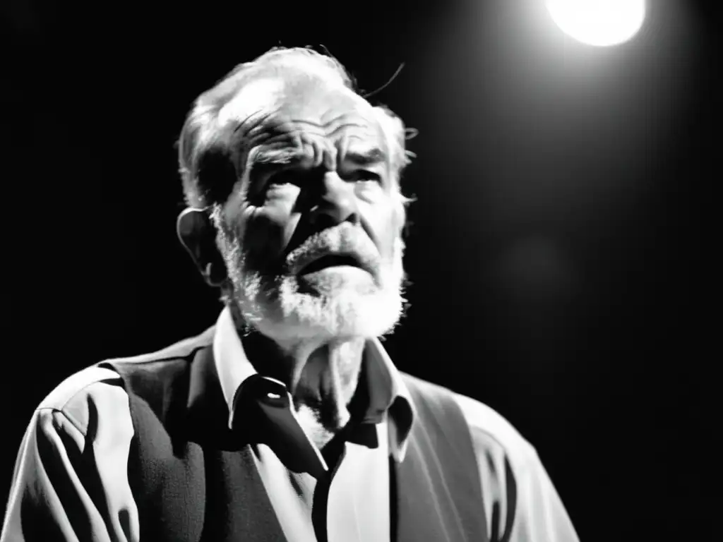 Athol Fugard biografía vida dramaturgo: Fotografía en blanco y negro de Fugard en el escenario, entregando un monólogo apasionado bajo un intenso foco