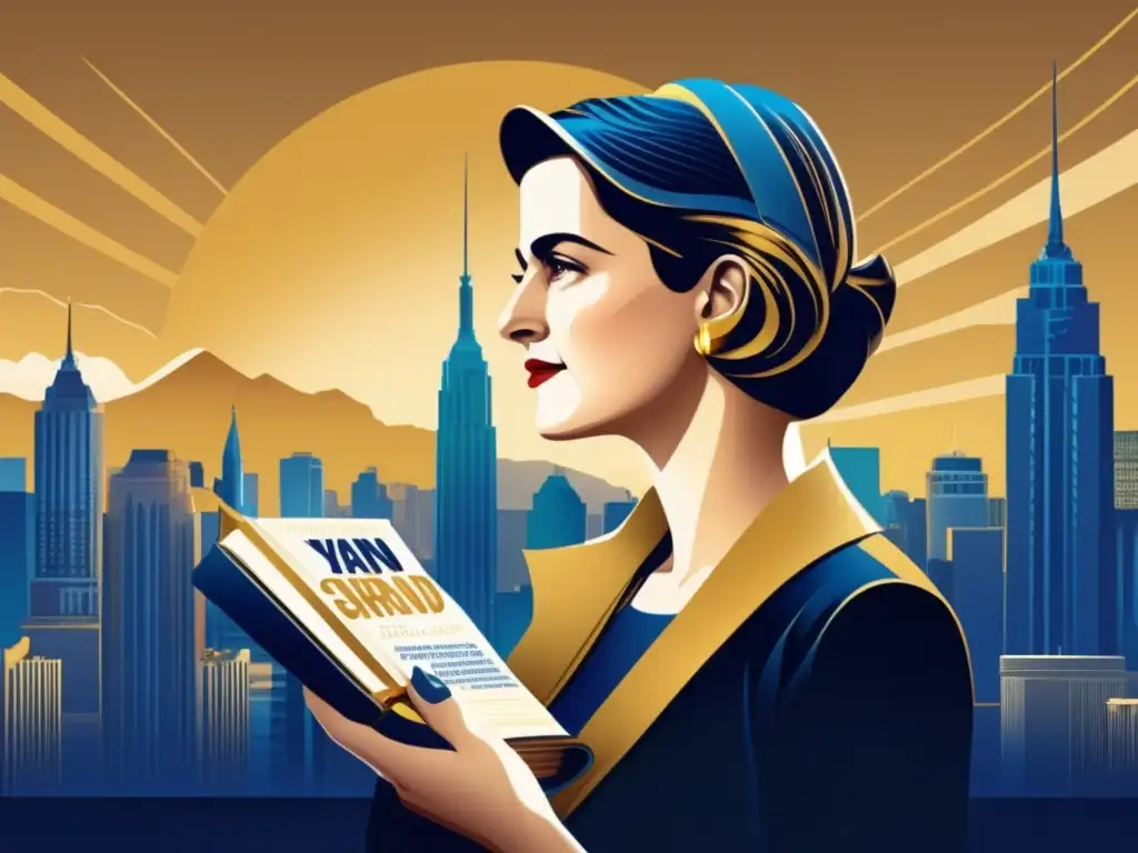 Ayn Rand sostiene 'Atlas Shrugged' frente al horizonte urbano, con una expresión introspectiva