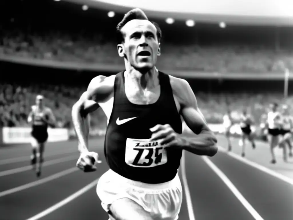 El atleta Emil Zátopek corriendo con determinación en una pista, mostrando su intensidad y pasión