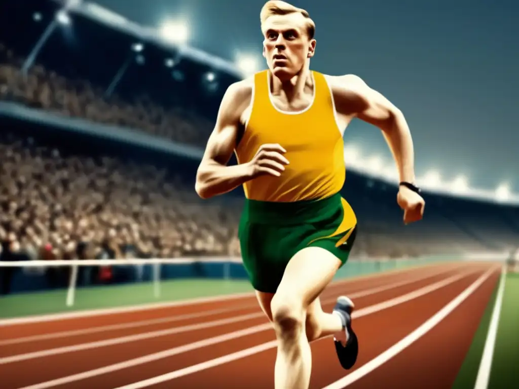 Un atleta finlandés, Paavo Nurmi, corre con determinación en una pista moderna