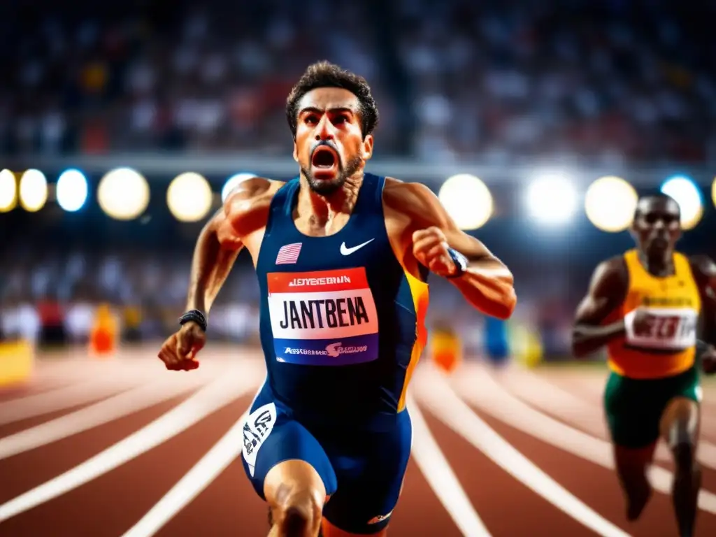 El atleta Alberto Juantorena cruza la meta con determinación, rodeado de energía y emoción en el estadio