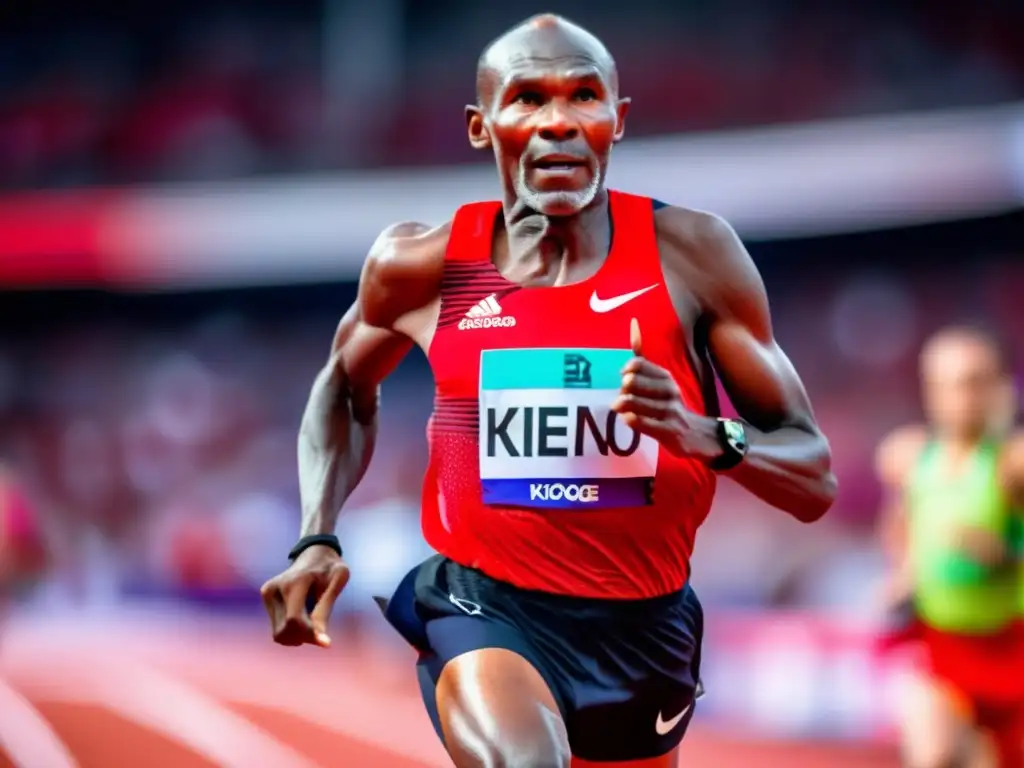 Biografía del atleta keniano Kipchoge Keino corriendo con determinación en la pista, expresión enfocada y zancadas poderosas