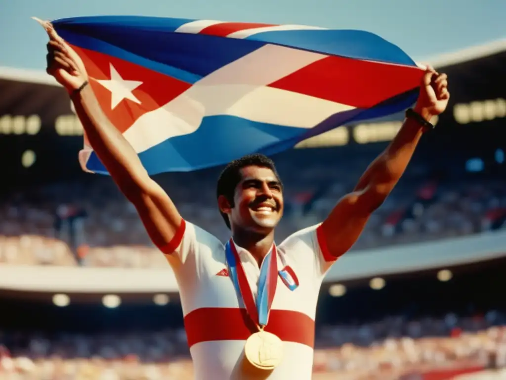 El atleta Alberto Juantorena celebra en el podio de los Juegos Olímpicos de 1976 con la bandera cubana y su medalla de oro