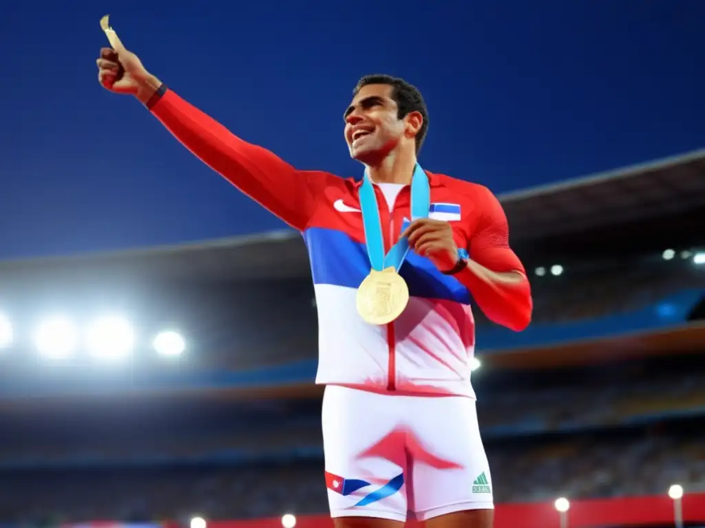 El atleta Alberto Juantorena triunfa en el podio, sosteniendo su medalla de oro con orgullo bajo las luces del estadio