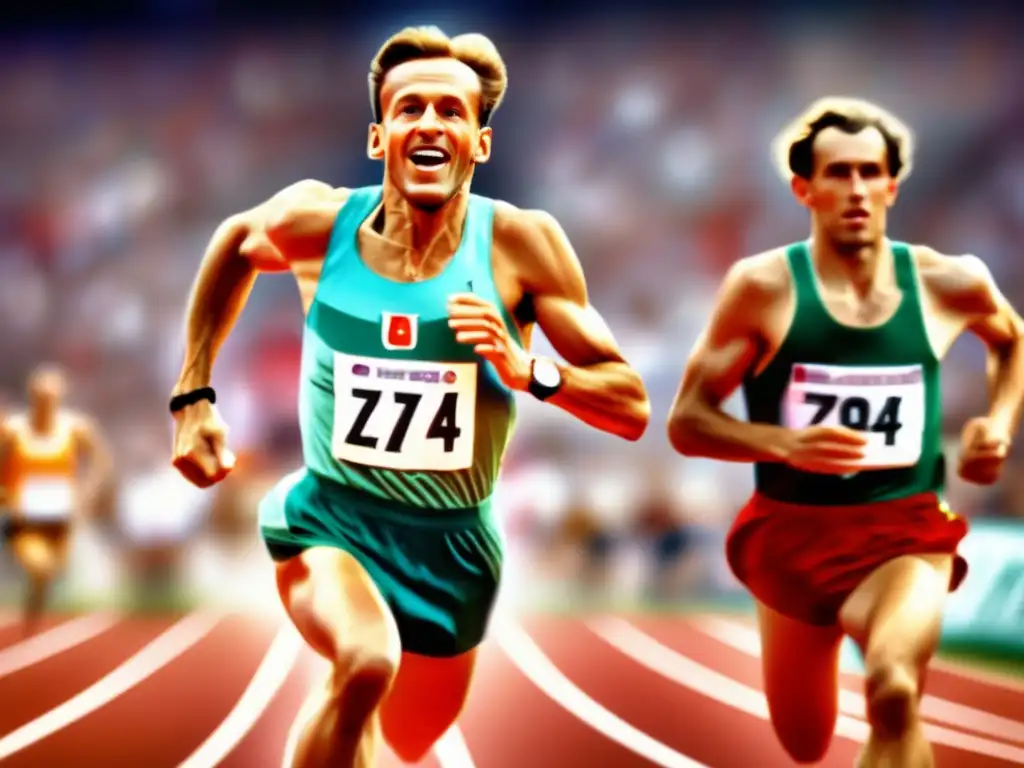 Emil Zátopek en el atletismo: Imagen detallada de Zátopek cruzando la meta con determinación, rodeado de energía y pasión atlética
