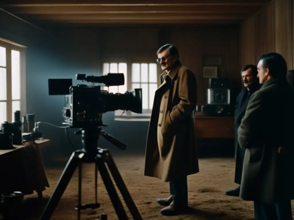 En una atmósfera evocadora, el famoso director de cine ruso Andrei Tarkovsky dirige una escena en un set vintage, rodeado de equipo de filmación