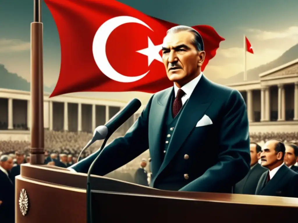 Atmósfera imponente mientras Atatürk habla en el Parlamento Turco, con la bandera ondeando detrás