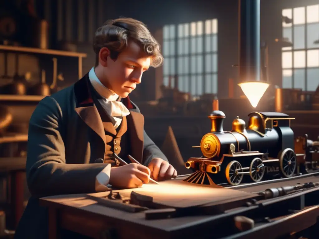 En una atmósfera de taller sombrío, el joven Richard Trevithick, inventor de la locomotora de vapor, se concentra en sus revolucionarias ideas