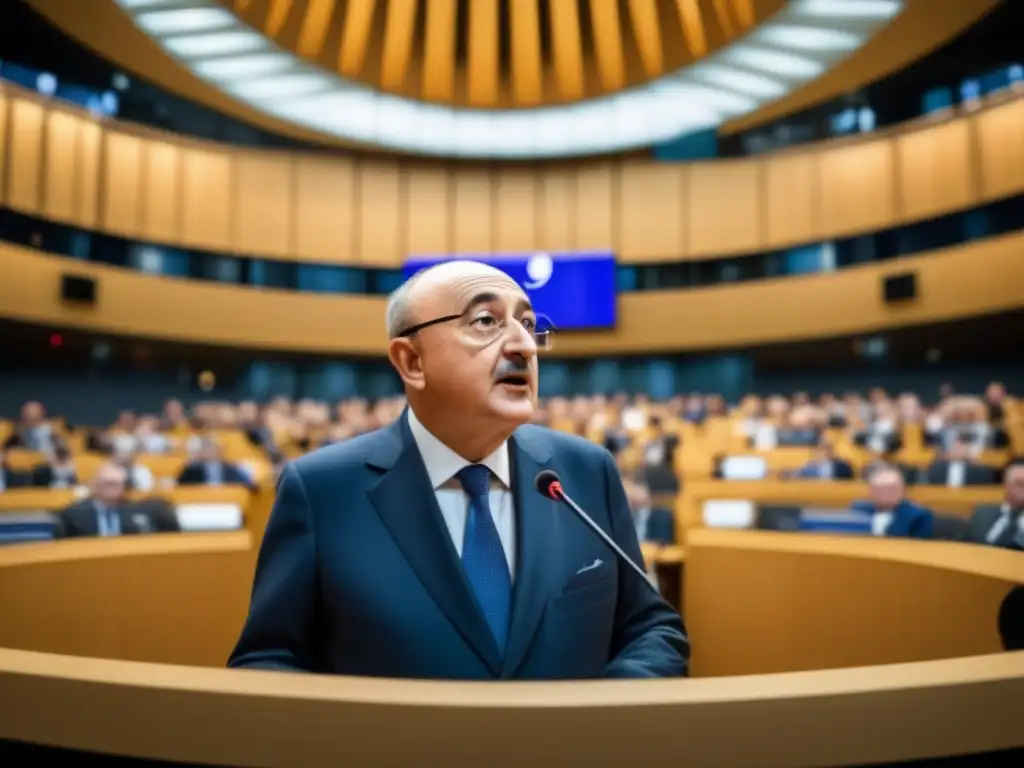 En el Parlamento Europeo, Jean Monnet sueña la Unión Europea con determinación, mientras la audiencia escucha con esperanza y unidad