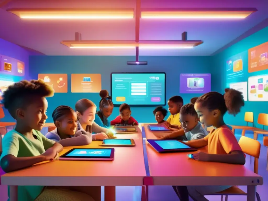 Un aula colorida con niños entusiasmados colaborando en actividades de programación infantil educativa innovadora