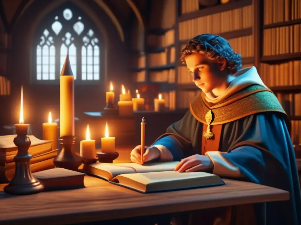 En una aula medieval, el joven Albertus Magnus estudia con entusiasmo rodeado de libros e instrumentos científicos