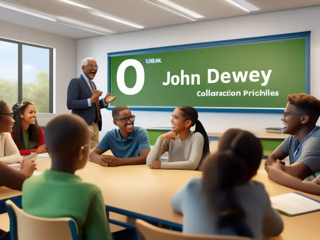 Un aula moderna llena de vida con estudiantes participando en actividades colaborativas, reflejando la filosofía educativa de John Dewey