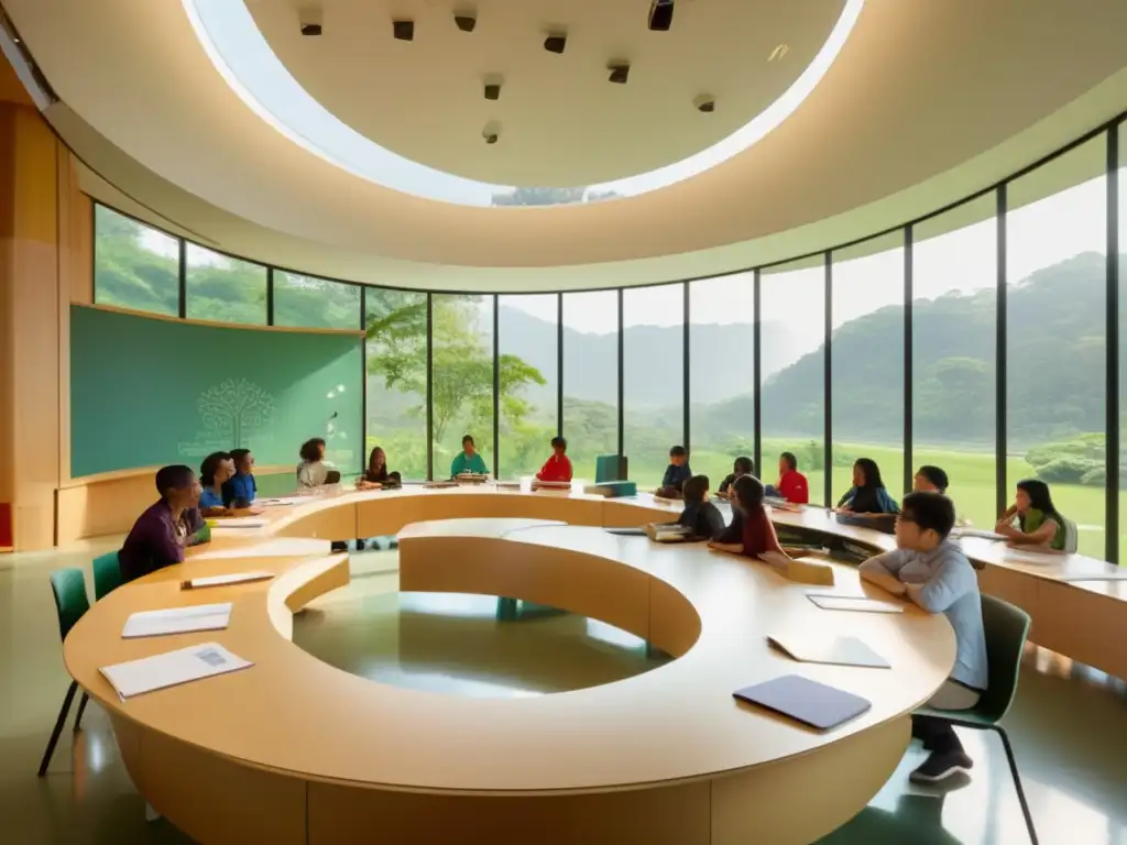 Descubre la vibrante discusión filosófica en aula luminosa Un aula moderna y serena, bañada en luz natural, con estudiantes diversos debatiendo sobre la Vacuidad de la Existencia según Nagarjuna