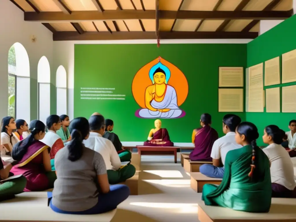 Un aula moderna y serena llena de luz natural, donde estudiantes diversos discuten la filosofía oriental de Sarvepalli Radhakrishnan