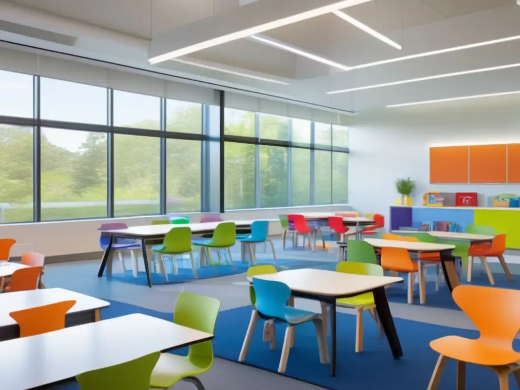 Un aula moderna y serena llena de luz natural, con muebles minimalistas y arte educativo