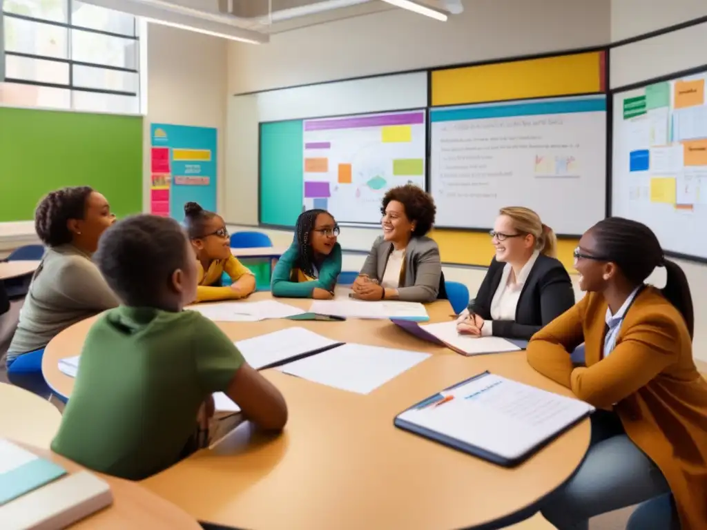 Un aula multicultural llena de luz natural, donde los estudiantes participan activamente en una discusión mientras el maestro escribe en la pizarra