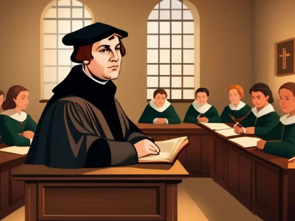 Martin Luther en aula del siglo XVI: aprendizaje y determinación- En una aula del siglo XVI, Martín Lutero se muestra comprometido con el aprendizaje, rodeado de estudiantes y un maestro serio