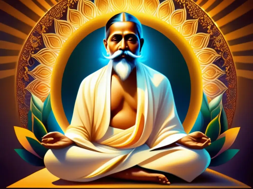 Sri Aurobindo en Meditación: Luz Espiritual- Sri Aurobindo medita en un aura vibrante y etérea