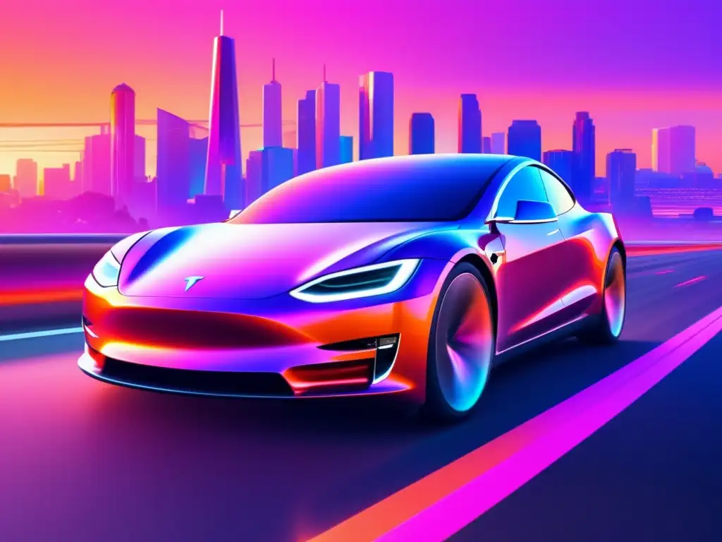 Un auto eléctrico futurista de Tesla surca la autopista al atardecer, reflejando los tonos naranjas y rosas