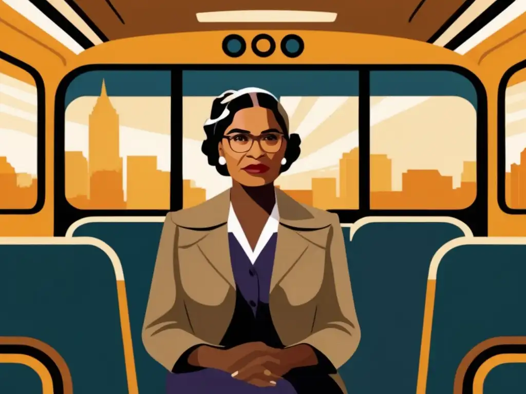 Rosa Parks se levanta valientemente en un autobús, reflejando la determinación y el poder de su papel en el movimiento de derechos civiles