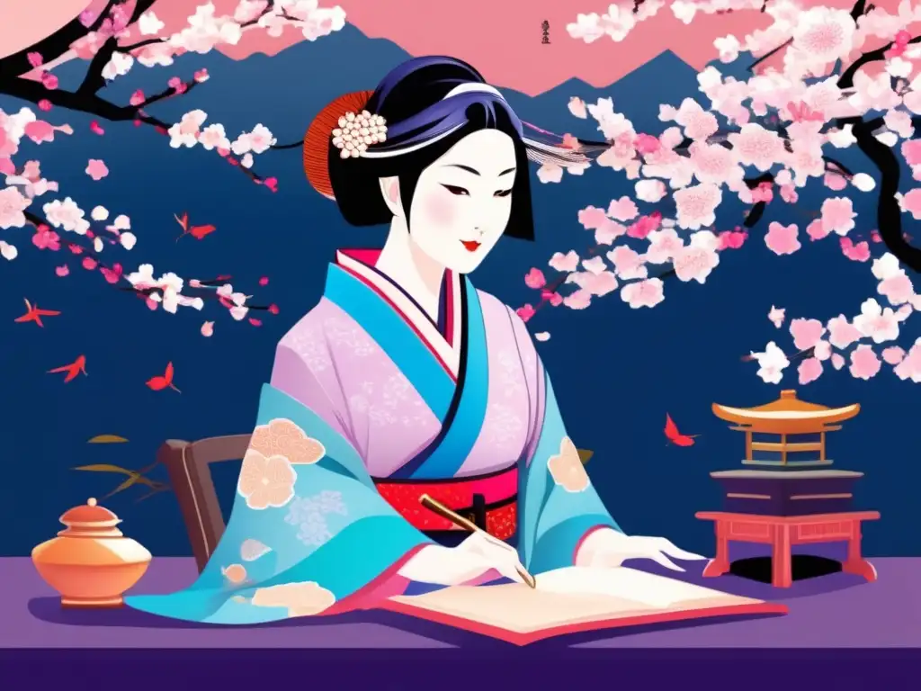 Murasaki Shikibu: Belleza literaria en Japón - Ilustración vibrante Murasaki Shikibu, autora de 'La Historia de Genji', en su escritorio rodeada de cerezos en flor y pergaminos antiguos
