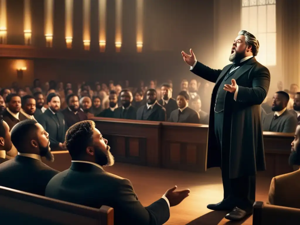 Charles Spurgeon, predicando con autoridad a una congregación diversa, con una iluminación dramática y un aire de influencia