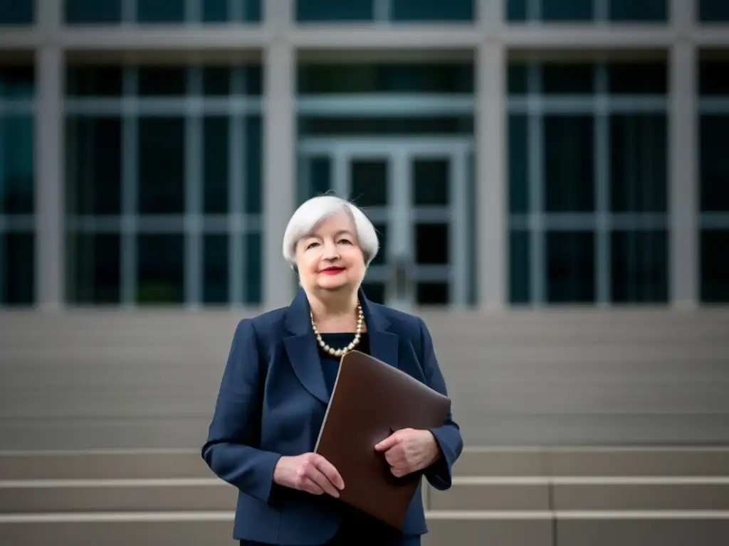 Janet Yellen proyecta autoridad frente a un edificio moderno de regulación financiera