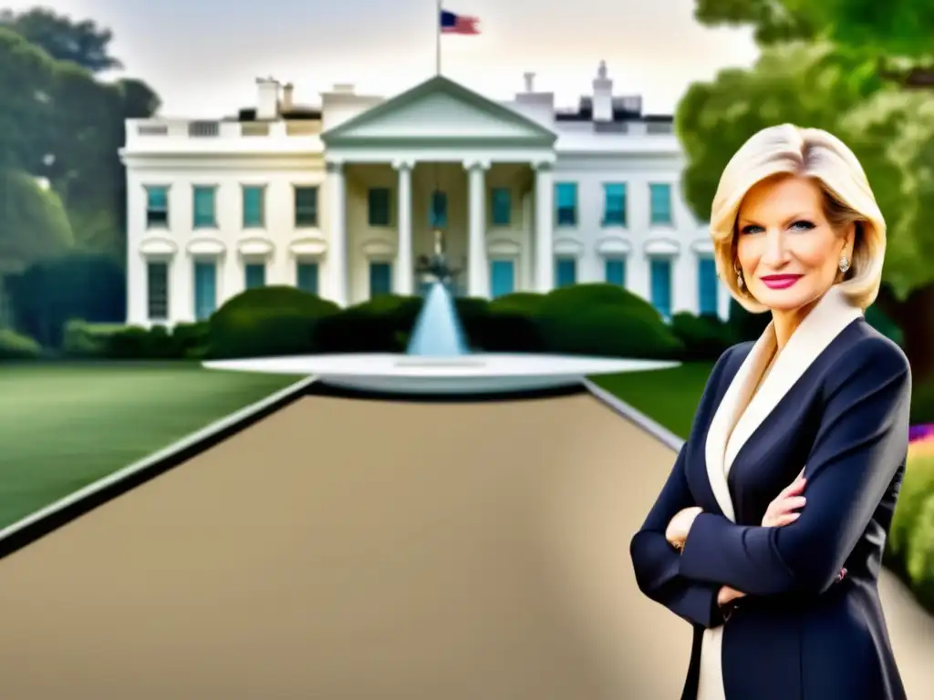 Diane Sawyer, exudando autoridad y gracia frente a la Casa Blanca, simbolizando su transición a la televisión en prime time