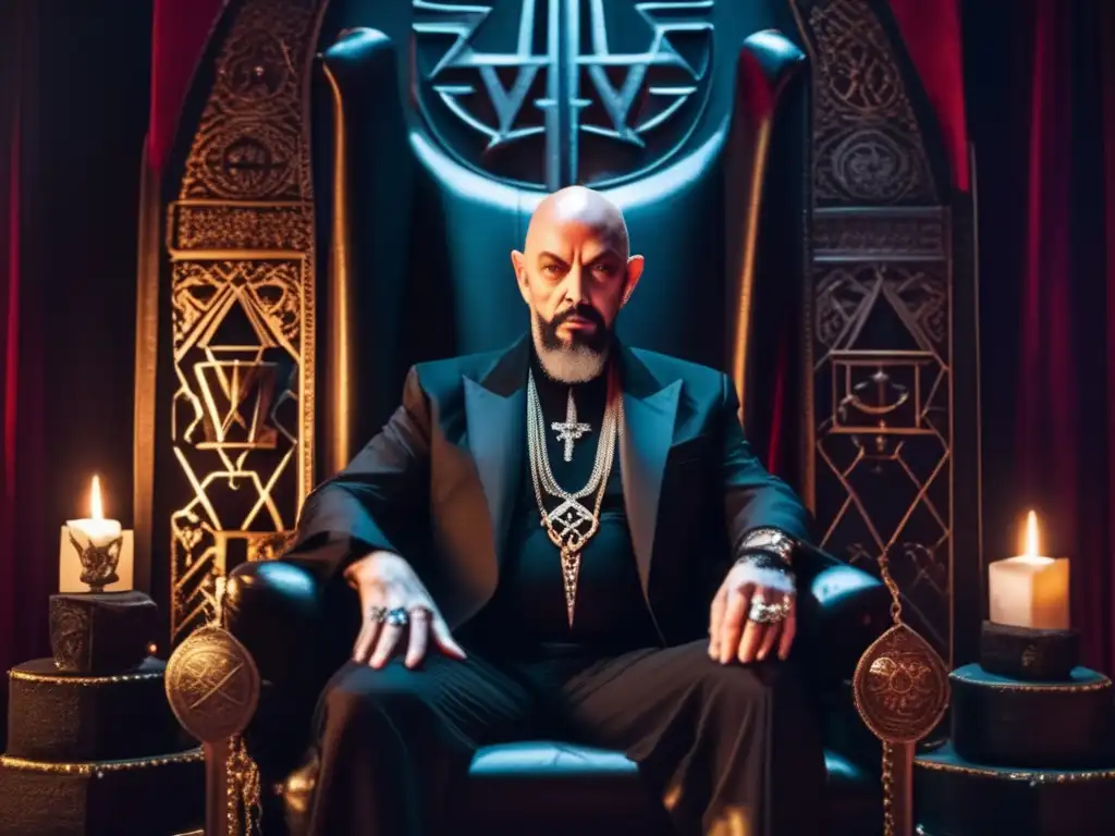 En el Black House, Anton LaVey irradia autoridad y misticismo en su icónico trono negro, rodeado de símbolos ocultos