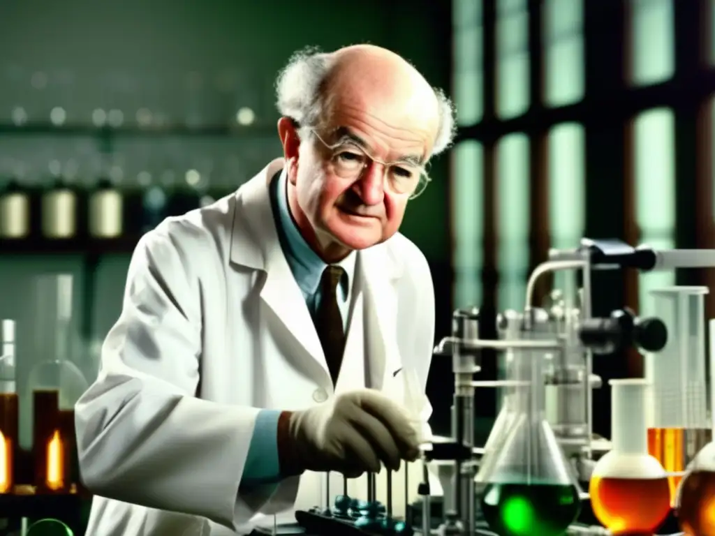 Linus Pauling realiza avances en química, concentrado en su laboratorio rodeado de equipamiento científico