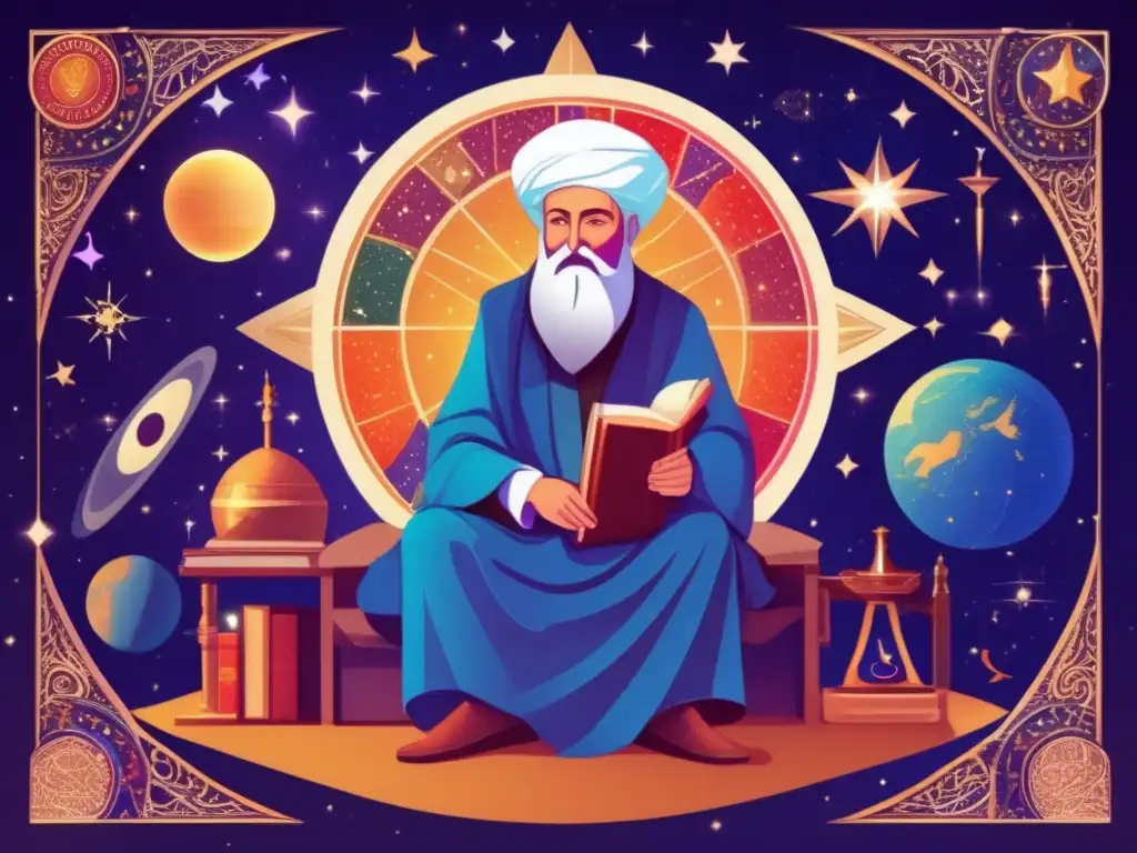 Avicenna: legado intelectual y sabiduría medieval Avicena, rodeado de manuscritos iluminados y herramientas científicas, irradia sabiduría y legado intelectual