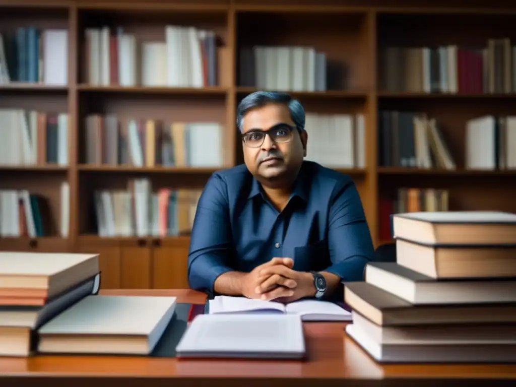 Avinash Dixit reflexiona sobre la teoría de juegos en economía internacional, rodeado de libros y modelos económicos en un elegante entorno académico
