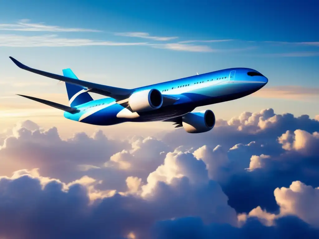 Un avión moderno surca el vibrante cielo entre nubes, reflejando la luz del sol