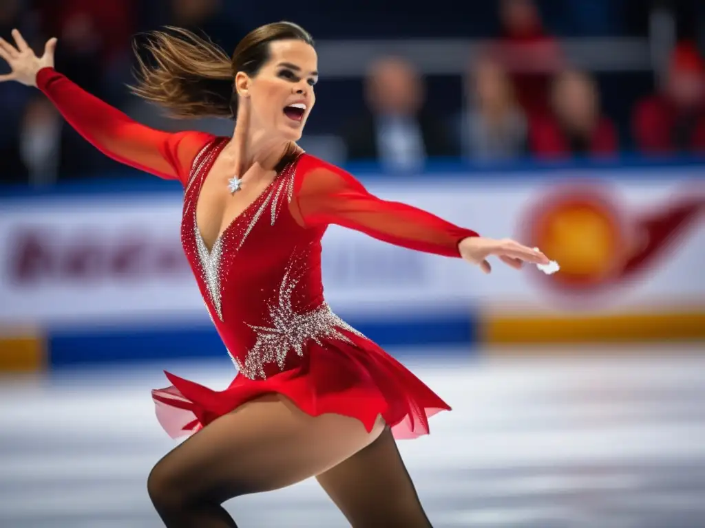 Katarina Witt realiza un triple axel con gracia y fuerza, su traje rojo contrasta con el hielo