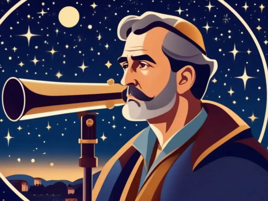 Desde la azotea, Fausto de Praga, astrónomo, contempla maravillado la armonía celestial a través de un potente telescopio