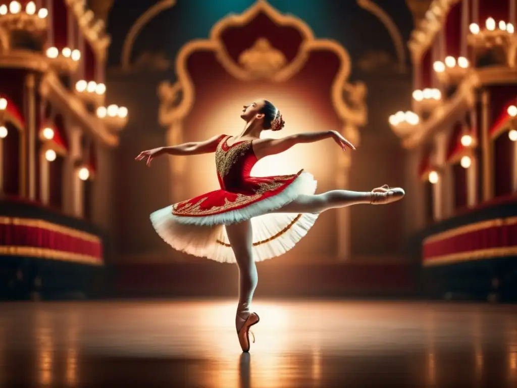 Una bailarina de ballet ruso salta con gracia en un escenario opulento mientras es iluminada por un suave foco